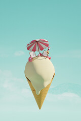 Summer tropical beach on ice cream. Beach chairs, umbrellas and rubber flamingo on sand. Summer travel and food concept. 3d render