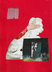 collage with a part of a hand on a red background. Creative art