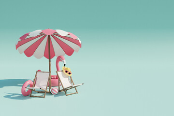 Beach chairs, umbrella and sun accessories on blue background. Summer travel concept. 3d render - 794050297