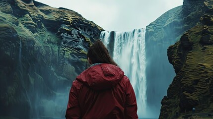 Woman overlooking waterfall at near the mountain - obrazy, fototapety, plakaty