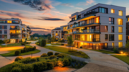 Twilight at a European complex reveals its energy-efficient design, lighting up pathways and highlighting the architecture.