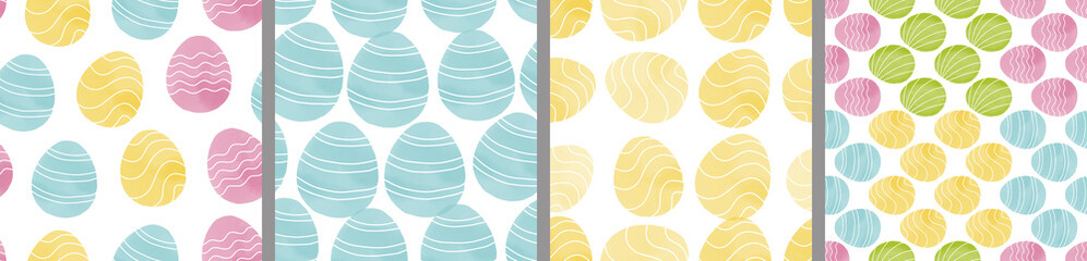 Watercolor set of seamless patterns. Collection of hand drawn pastel Easter eggs