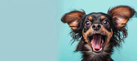 Small brown and black dog with fangs, roaring on blue background