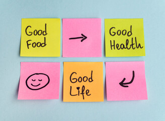 Good food, good health , good life written on sticky notes 