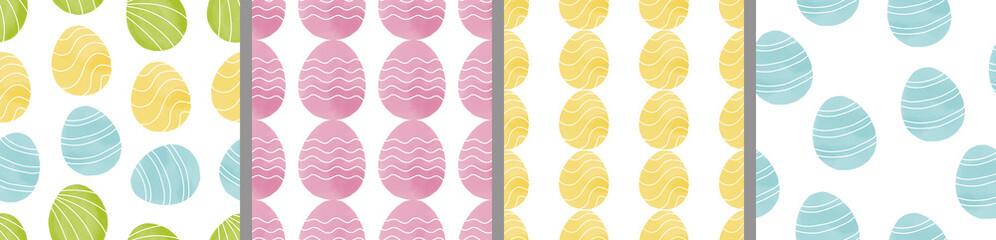 Watercolor set of seamless patterns. Collection of hand drawn pastel Easter eggs