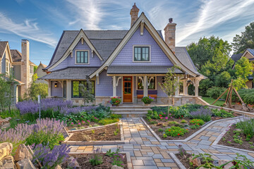 A newly constructed soft lavender craftsman cottage style home, with a triple pitched roof, highlighted by seasonal flower beds and an elegantly laid out walkway, radiating charm and character. - obrazy, fototapety, plakaty