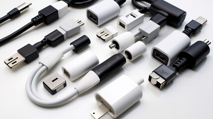 Separated chargers and adapters against a white backdrop - obrazy, fototapety, plakaty