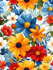 A seamless pattern of colorful flowers in red, orange, yellow, blue, and white.