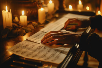 Close-up of a pair of hands playing a grand piano, sheet music in the background, a candlelit.