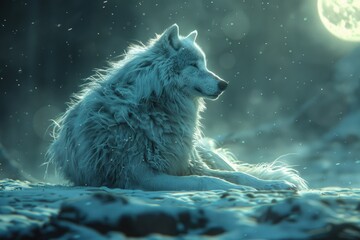 A wolf with a biomechanical body, its fur a blend of natural and fiber-optic strands, howling at a holographic moon