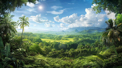 Fototapeta na wymiar panoramic view of the tropical jungle, tropical forest scenery, tropical green landscape