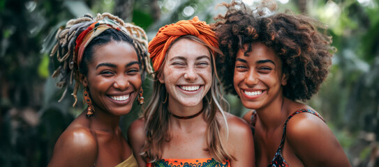 Three joyful friends with diverse backgrounds sharing laughter