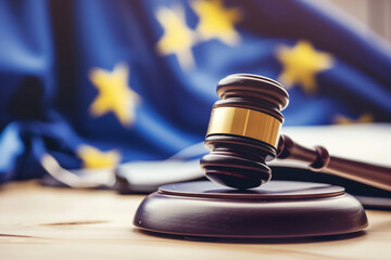 close-up capture of a wooden gavel resting on a desk, with the EU flag subtly blurred in the background, symbolizing the intersection of legal authority and European governance.