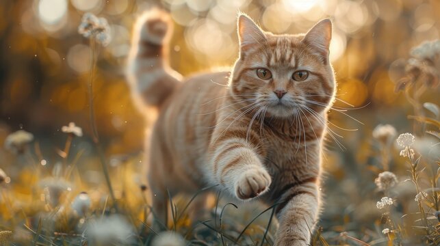 In this picture you can see ginger cat jumping on green grass or dancing cat. The cat is trying to keep fit.