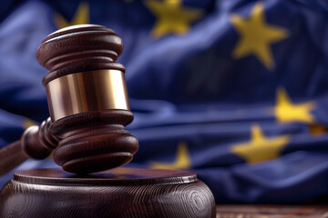 close-up focusing on the texture and craftsmanship of a judge's gavel, set against the backdrop of the EU flag, symbolizing the application of European laws and regulations in judi