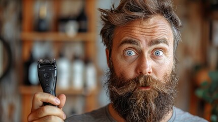 With wide eyes, man with half-shaved beard holds hair clipper. White background.