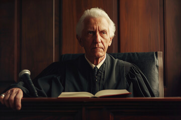 professional photograph highlighting the wisdom and fairness of a mature judge as they announce a verdict from an open folder, conveying a sense of justice and integrity, against a
