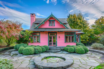 A rear view of a vibrant cerise pink craftsman cottage with a four-pitched roof, against a backdrop of evergreen shrubbery, complemented by a circular flagstone patio, offering a secluded sanctuary. - obrazy, fototapety, plakaty