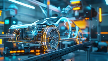 Fototapeta premium AI technology in the manufacturing industry Use robots to inspect various parts. of electric cars in the production of all parts