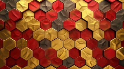 Dark gold yellow and red hexagon pattern as background created with Generative AI
