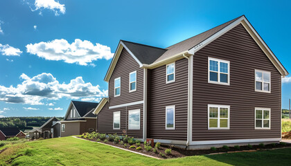 A rich chocolate brown house with siding, against the backdrop of a simplified suburban landscape, under a sunny sky. - obrazy, fototapety, plakaty