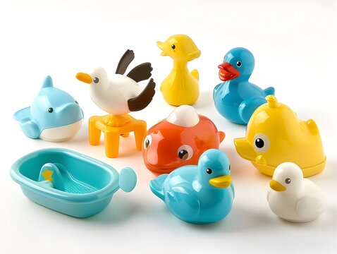 Assortment of colorful bath toys including ducks,boats,and other floating characters in a clean,minimalist setting on a white background