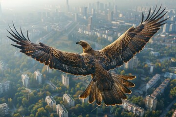 Eagle with robotic wings soaring above a smart city, its eyes equipped with surveillance technology