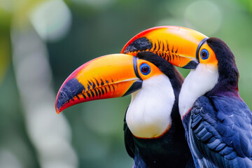 Obraz premium Two toucans share a moment of tenderness as they preen each other's feathers.