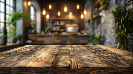 The image depicts a wooden table with empty copy space for displaying products in a modern restaurant room or coffee shop. This is a rendering concept of the interior design of a restaurant counter.