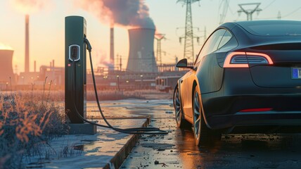 Charging an electric car at a charging point with a photo of a power plant