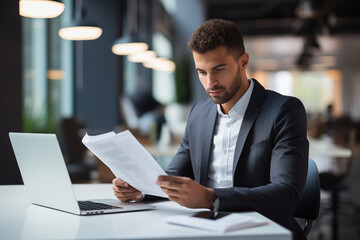 Fototapeta premium Portrait of a young businessman reading a document while sitting at a desk in a modern office