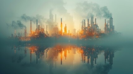 In this design, we show the future factory plant and energy industry concept. A petrochemical, oil and gas refinery factory with double exposures depicts the next generation of power and energy