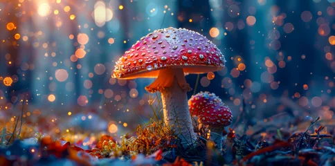 Tuinposter Sprookjesbos Enchanted forest scene with glowing mushrooms at night