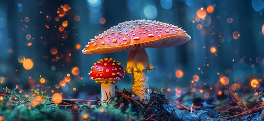Enchanted forest scene with glowing mushrooms at night