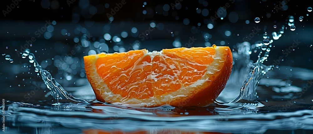 Aufkleber capturing the texture and freshness of a fresh orange segment with a highspeed water splash. concept