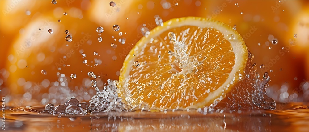 Aufkleber capturing the texture and freshness of a fresh orange segment with a high-speed water splash. concep