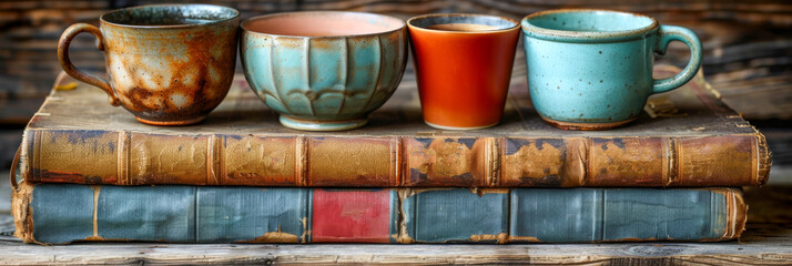 Fototapeta premium Rustic Charm with Handcrafted Ceramic Mugs on Antique Books