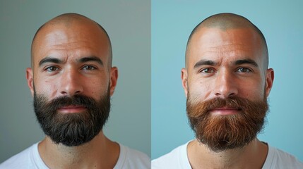 The transformation of a happy guy with a beard and without hair loss. Before and after shave or hair transplant. - obrazy, fototapety, plakaty