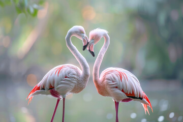 Two flamingos engage in a courtship dance.