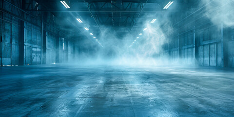 Mysterious Industrial Warehouse Interior with Mist and Cool Lighting - Powered by Adobe