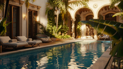 Obraz na płótnie Canvas A pool with a view of a building and palm trees