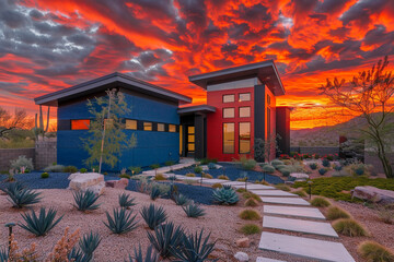 Against a fiery sunset, a cool blue contemporary home stands out, its front yard a showcase of native plants and welcoming paths. - Powered by Adobe
