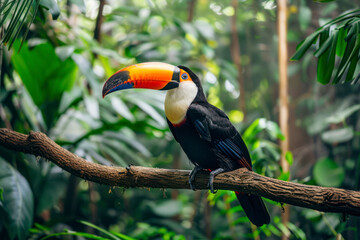 Obraz premium A toucan perches on a tree branch in the tropical rainforest.