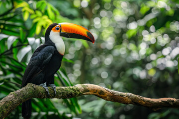 Obraz premium A toucan perches on a tree branch in the tropical rainforest.