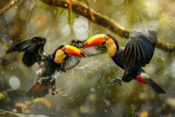 Obraz premium A pair of toucans engage in a playful game of tag.