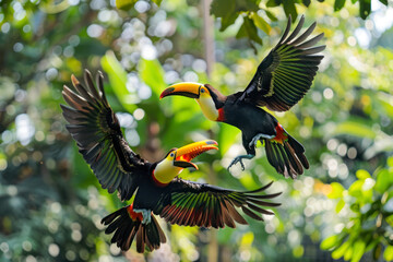 Fototapeta premium A pair of toucans engage in a playful game of tag.