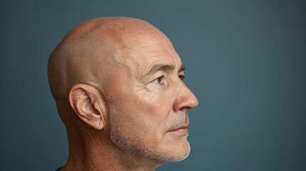 A bald man before his haircut Concept for a barber shop: the scenario of the problem man of hair loss, alopecia, transplantation, and profile.
