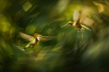 Obraz premium A pair of hummingbirds engage in a high-speed chase.