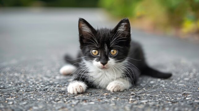 Adorable monochrome stray feline rests on the pavement - Powered by Adobe