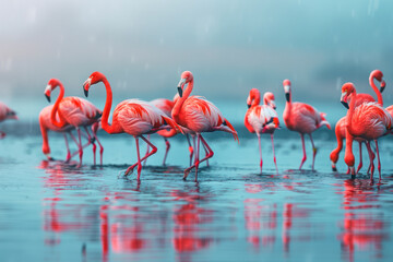 A flamboyance of flamingos wades through a shallow lagoon.